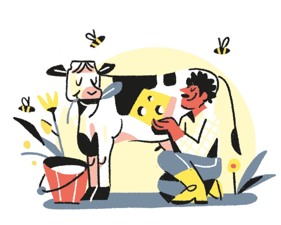 Illustration of a cow and person with cheese at a local market with bees flying around
