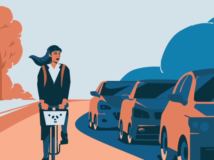 Illustration of a woman on a bicycle with a basket, facing a line of cars on a road.