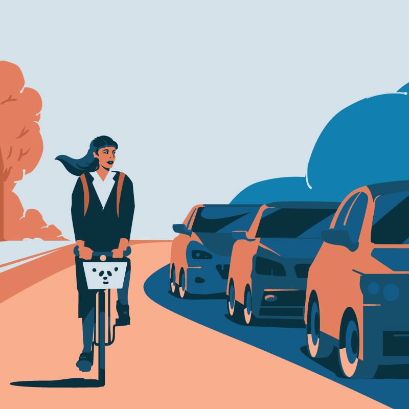 Illustration of a woman on a bicycle with a basket, facing a line of cars on a road.