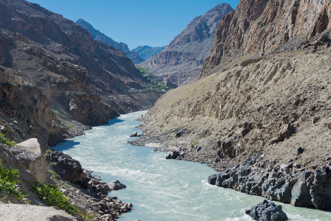 The Indus River flowing between mountains in the disputed Kashmir region