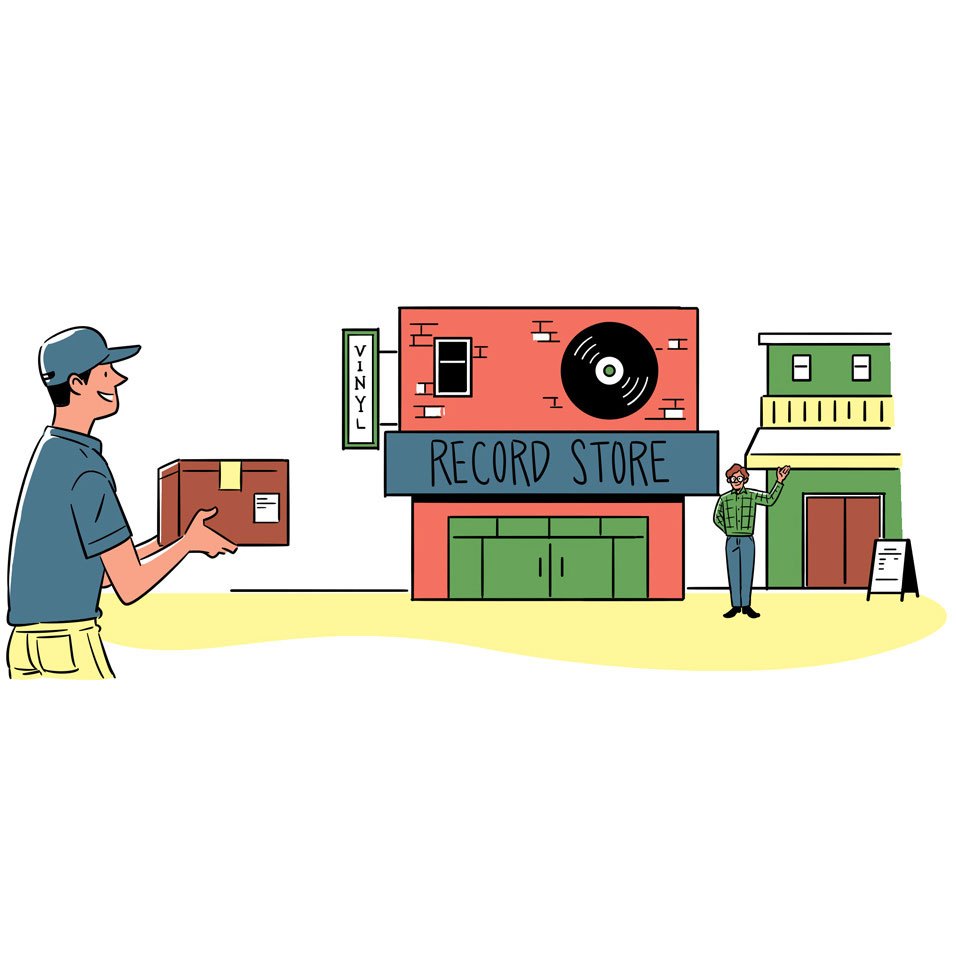Illustration of a delivery person, vinyl record store, and residential building representing new business opportunities.