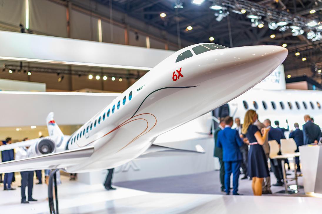 Interior of luxury private jet showing premium cabin design and seating