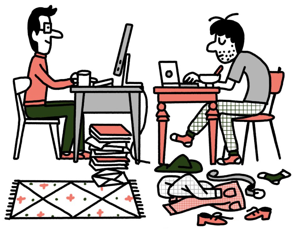 Two people working from home at separate desks with computers, one neat and organized, the other messy