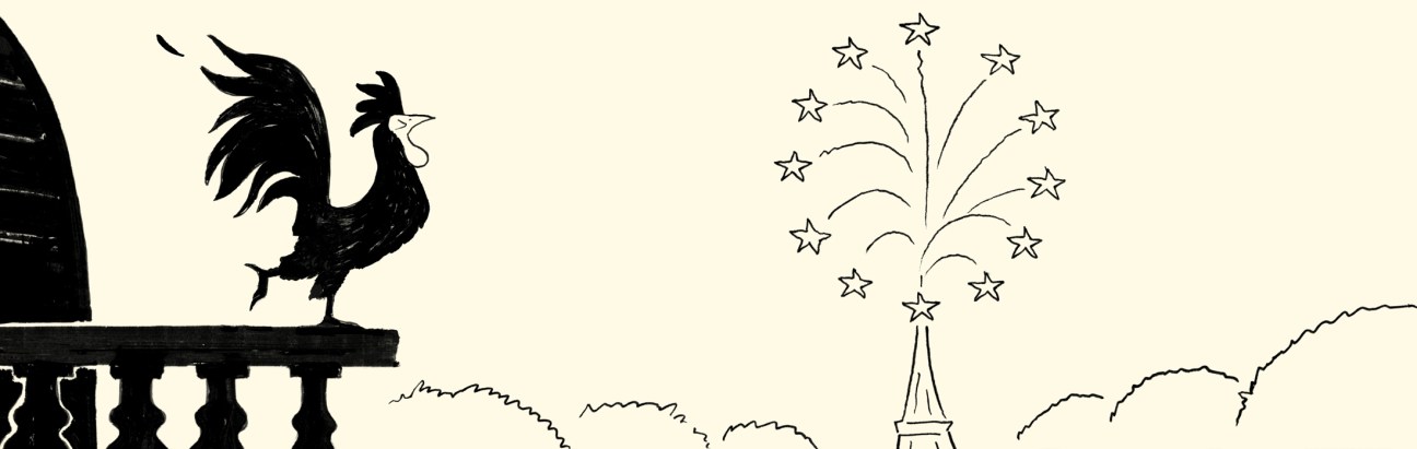 Illustration of a rooster on a balustrade with fireworks bursting above the Eiffel Tower.