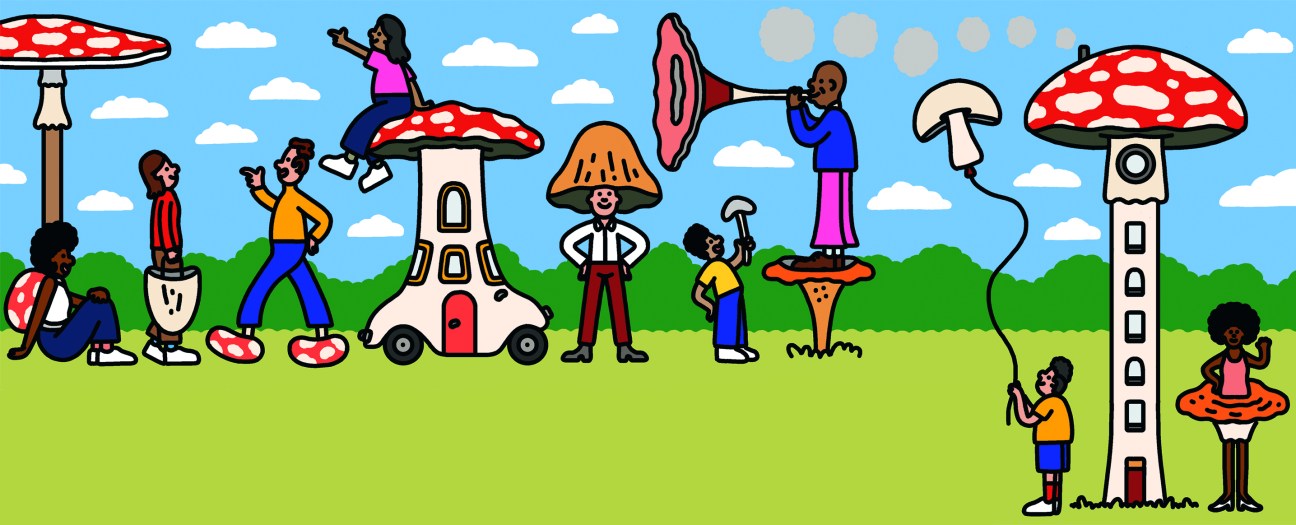 Cartoon illustration of oversized mushroom houses with people and a car in a grassy landscape.