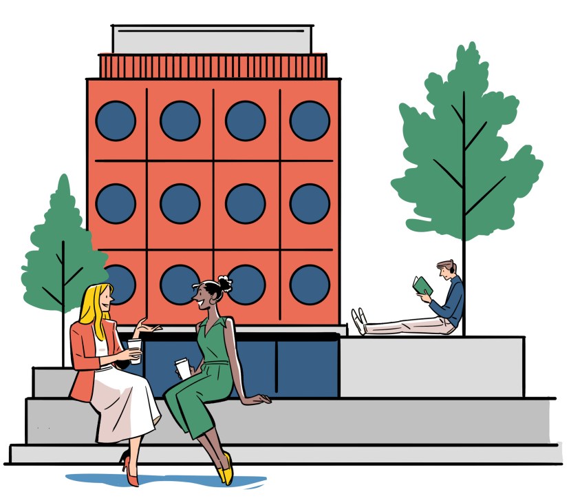 Three people relaxing on concrete steps in front of a modern brick building with circular windows and green trees