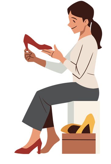 Woman sitting and examining red high heel shoes with shoe boxes nearby