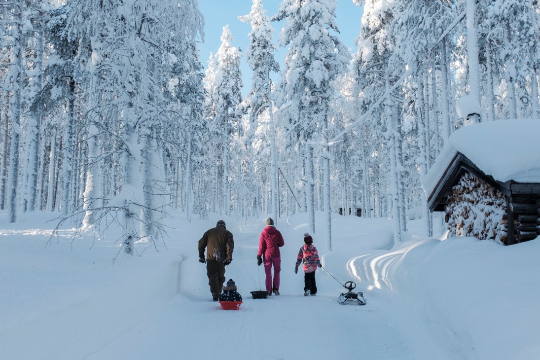Family with sleds walking through snow-covered forest path in Finnish Lapland winter