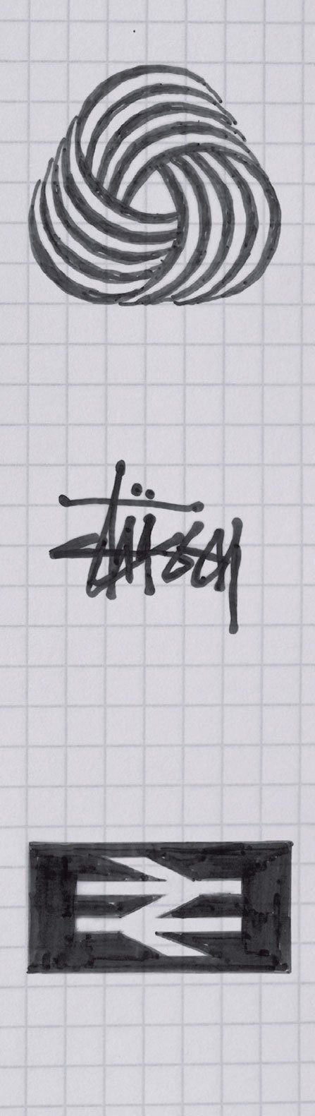 Hand-drawn logo sketches including a spiral geometric shape, Stüssy signature, and National Rail logo on grid paper.