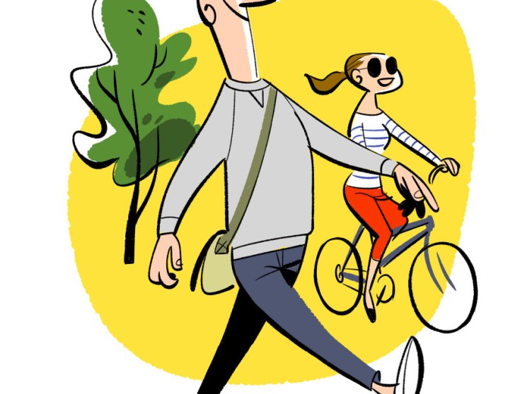 Illustrated man walking with child on bicycle past green tree with yellow background
