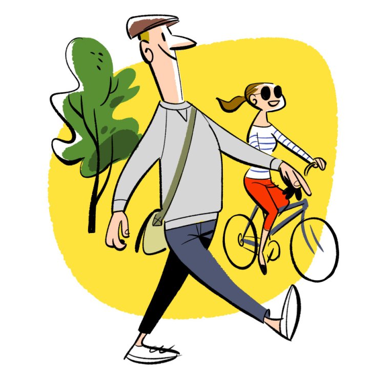 Illustrated man walking with child on bicycle past green tree with yellow background