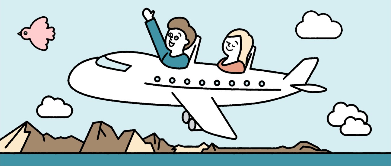 Illustration of a happy couple in an airplane cabin flying over mountains with clouds.