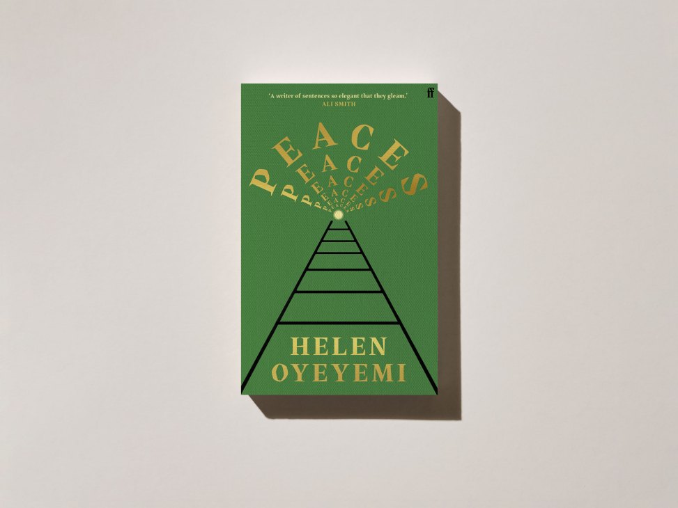 Green book cover for Peaces by Helen Oyeyemi featuring geometric pyramid design with gold text