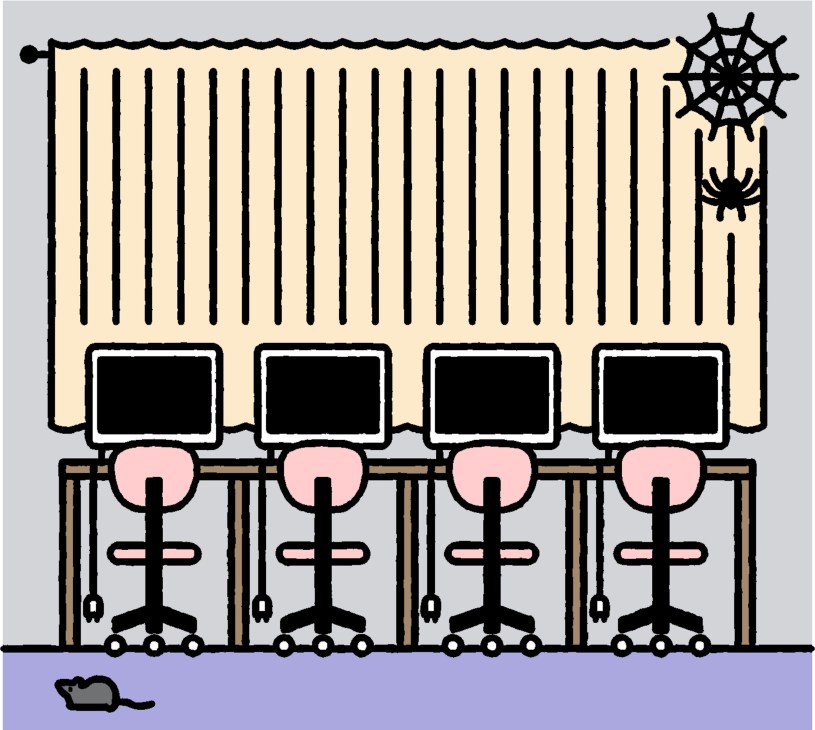 Illustration of an office interior with four pink chairs at desks with black windows above, web and spider symbols on the wall.