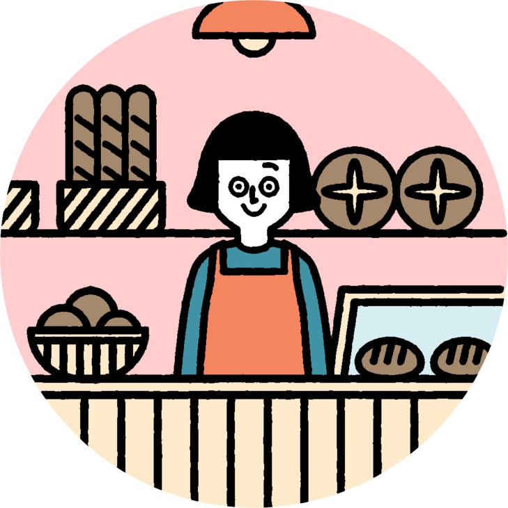 Illustration of a smiling baker wearing an apron standing behind a counter with bread, pastries, and baked goods.