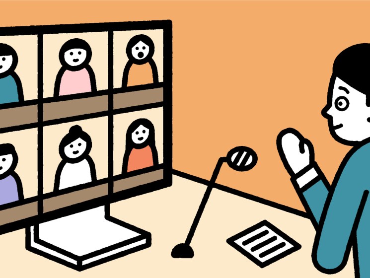 Illustration of a person video conferencing with multiple people shown in a window grid behind them.