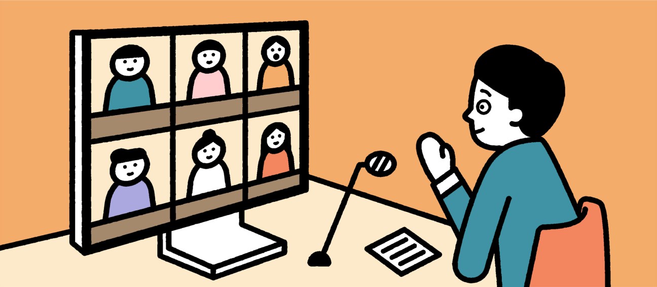 Illustration of a person video conferencing with multiple people shown in a window grid behind them.