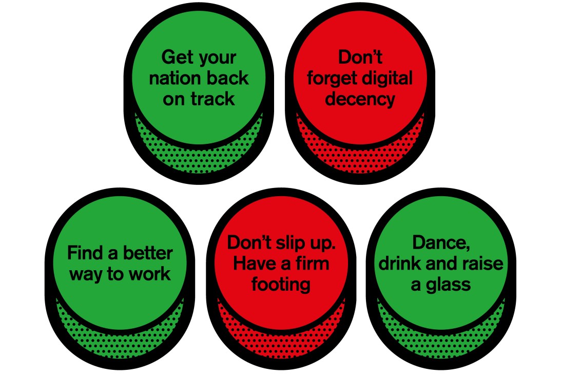 Five circular buttons with green and red colors containing motivational phrases about progress and improvement