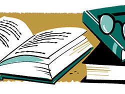 Illustration of cultural items including open books, binoculars, film reels, and cardboard boxes on a tan background.