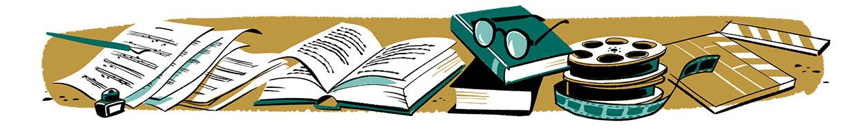 Illustration of cultural items including open books, binoculars, film reels, and cardboard boxes on a tan background.