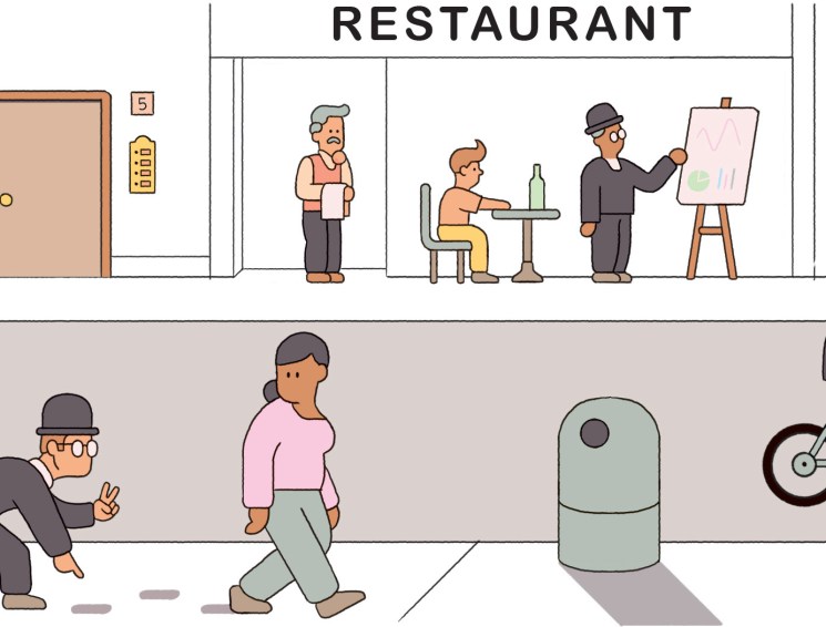 Illustration of people on a street with various tracking activities including fitness monitoring and surveillance