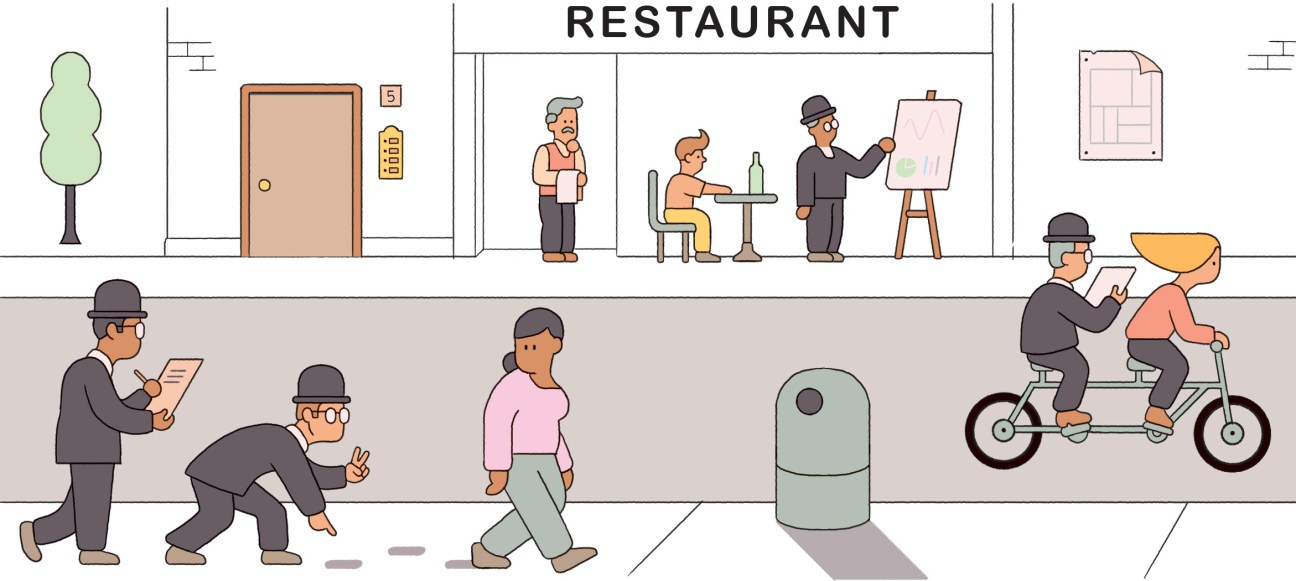 Illustration of people on a street with various tracking activities including fitness monitoring and surveillance