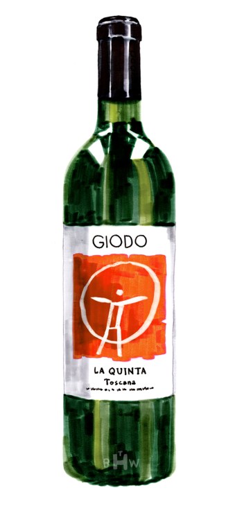 Bottle of Giodo La Quinta Toscana wine with orange label and black capsule.