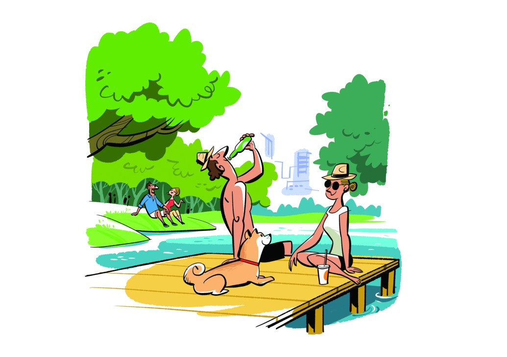 A woman and man relaxing on a wooden dock by a river, with a kangaroo and small dog nearby, trees lining the shore, and city buildings visible in the background.