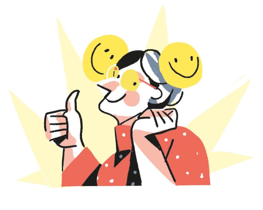 A cheerful illustration of a person giving thumbs up with happy face emojis floating around them
