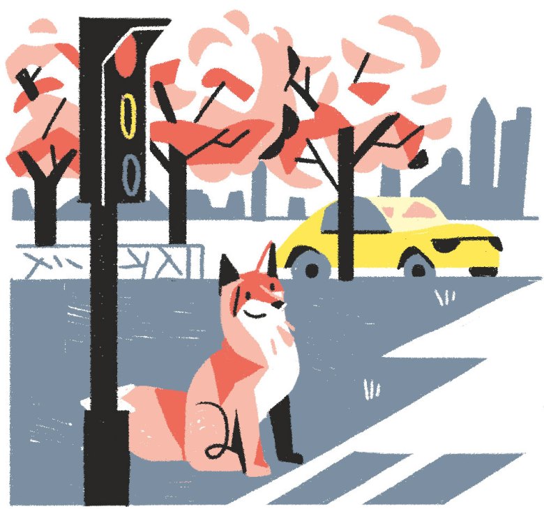 Illustrated fox sitting in urban park with autumn trees and yellow taxi in background