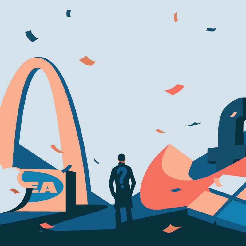 Illustration of a figure standing between large abstract shapes with question marks, representing entrepreneurial decision-making and uncertainty.