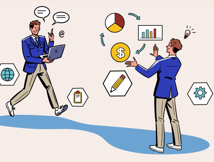 Two businessmen in blue suits discussing strategy with charts, graphs and business icons floating between them