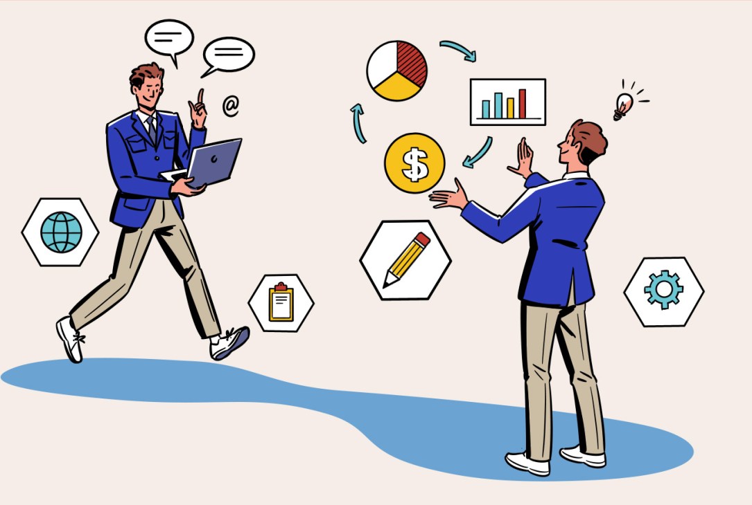 Two businessmen in blue suits discussing strategy with charts, graphs and business icons floating between them