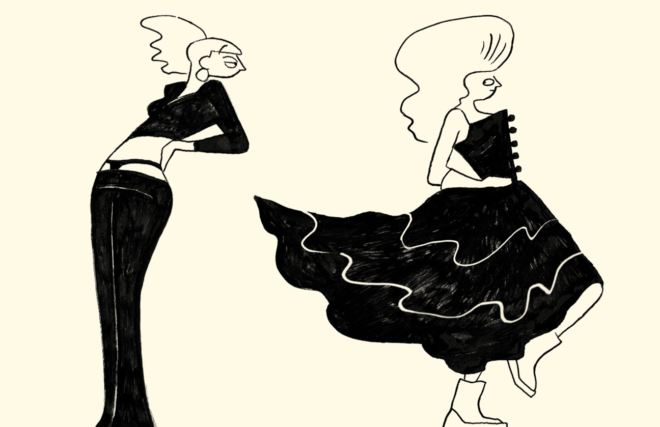 Line illustration of two stylized female figures wearing early-2000s fashion with low-rise trousers and cropped tops.