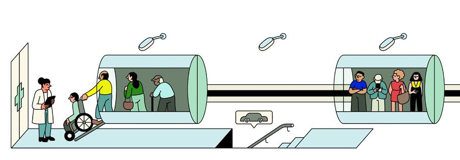 Illustration showing people in cylindrical elevator cars connected by tubes in a futuristic transport system