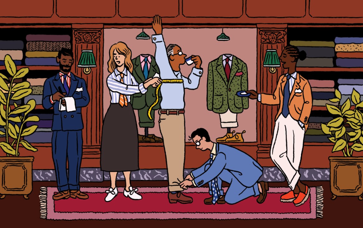 Illustration of diverse retail workers and customers in a stylish boutique setting with shelving and hanging lamps.