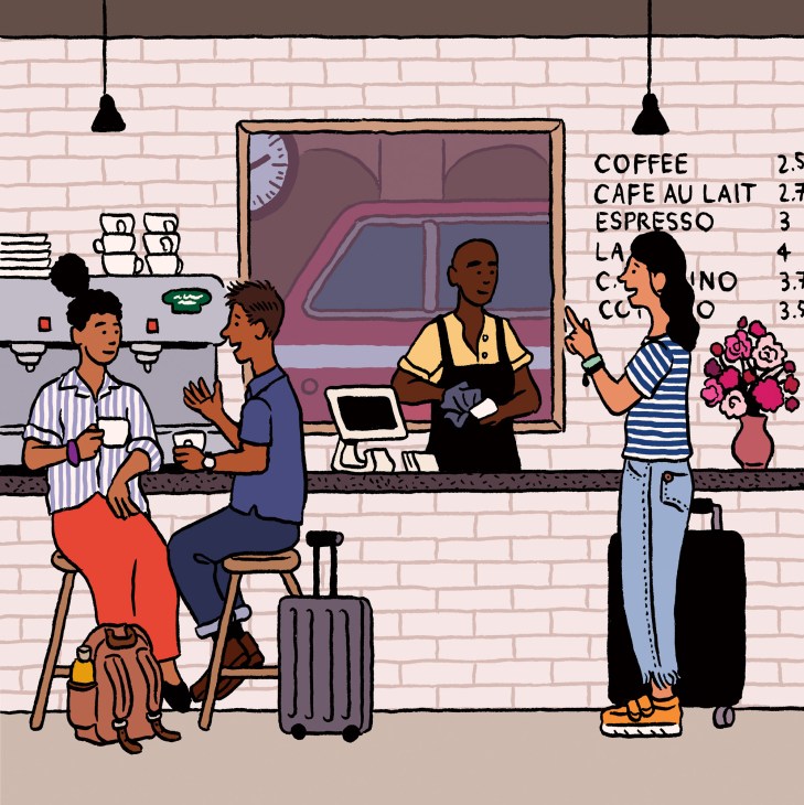 Illustration of diverse customers in a modern coffee shop with brick walls, menu board, and counter service.