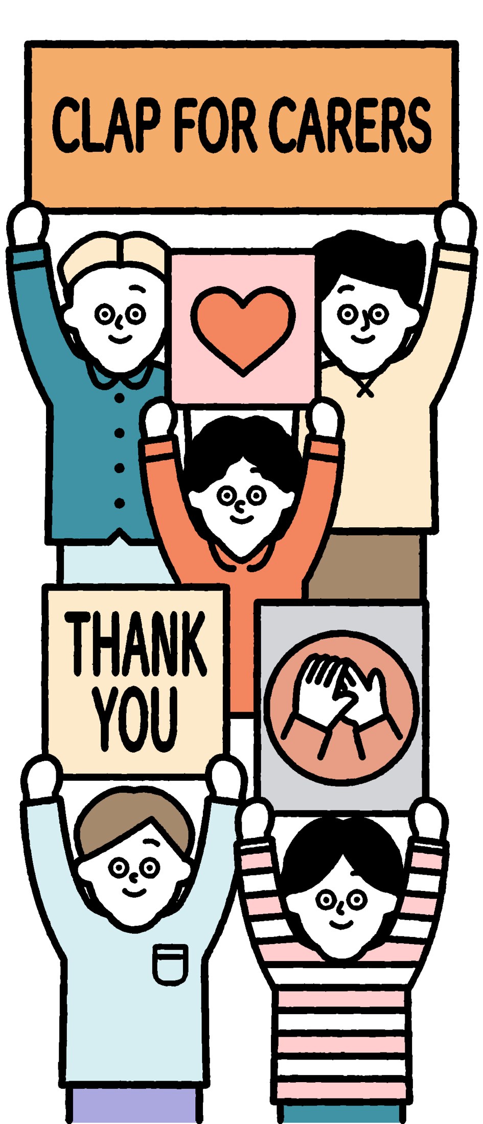 Illustration of diverse people holding a banner reading 'Clap for Carers' with a heart symbol and 'Thank You' text.