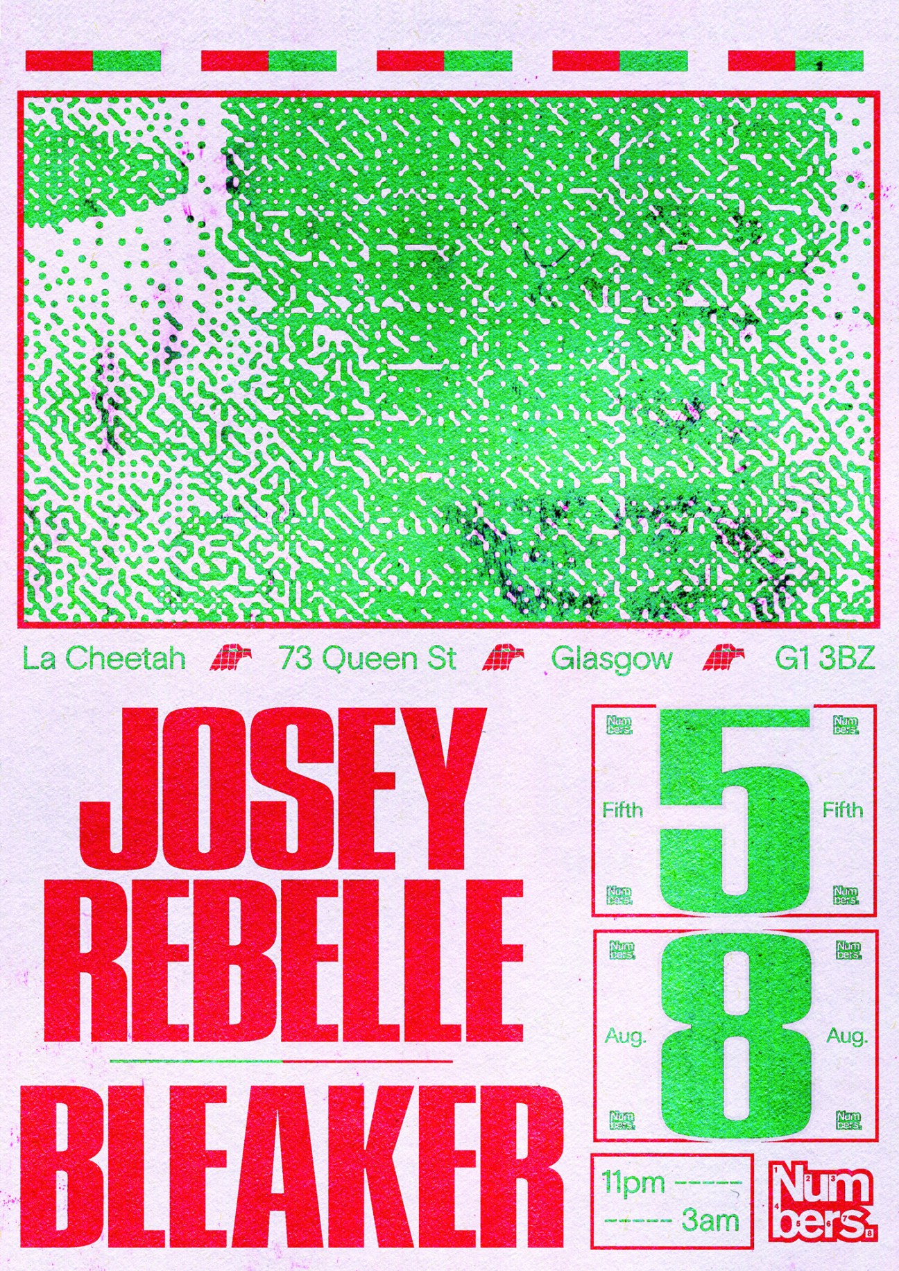 Contemporary poster advertising a night at Glasgow's Numbers club featuring bold red text and green geometric design