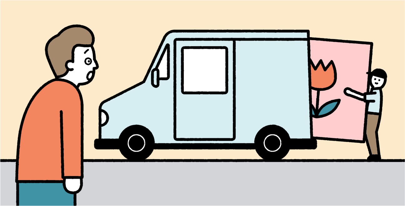Illustration of a man in an orange jacket speaking to a person loading a flowering plant into the back of a light blue delivery van.