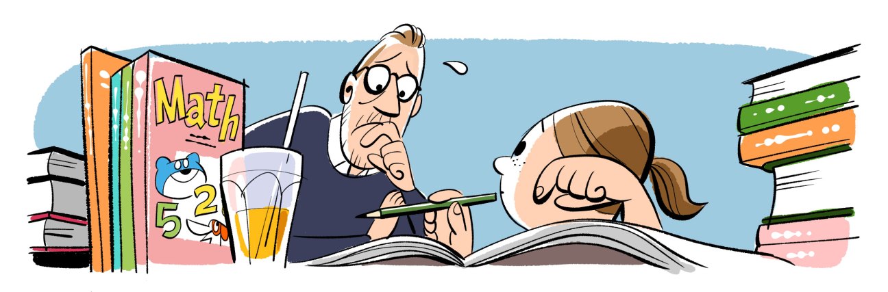Illustration of a man and woman studying together surrounded by stacks of books and school materials.