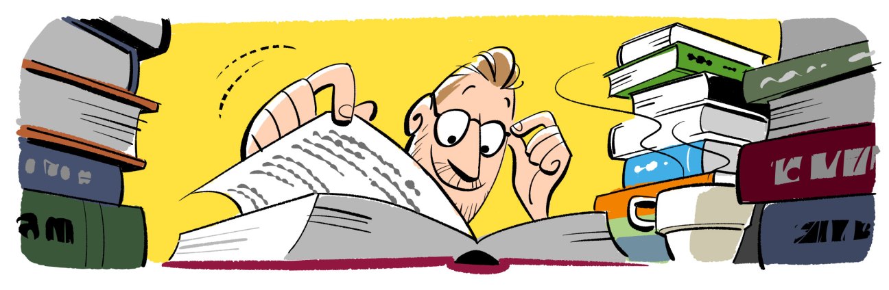 Illustration of a man reading surrounded by stacks of colorful books against a yellow background.