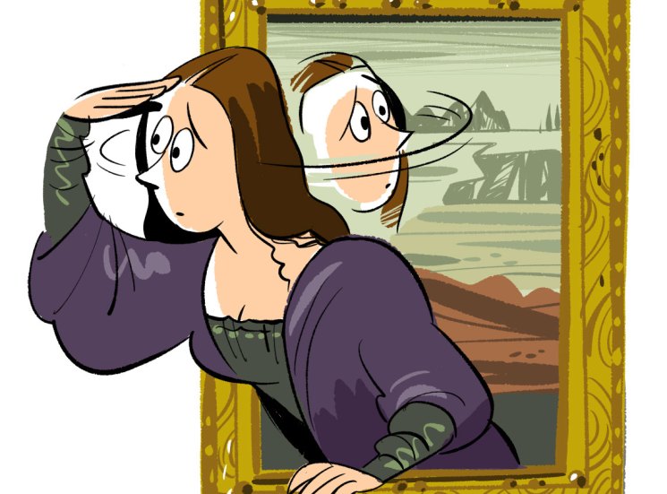 Cartoon illustration of the Mona Lisa painting coming to life in a gold frame, with the figure stepping out and gesturing expressively.