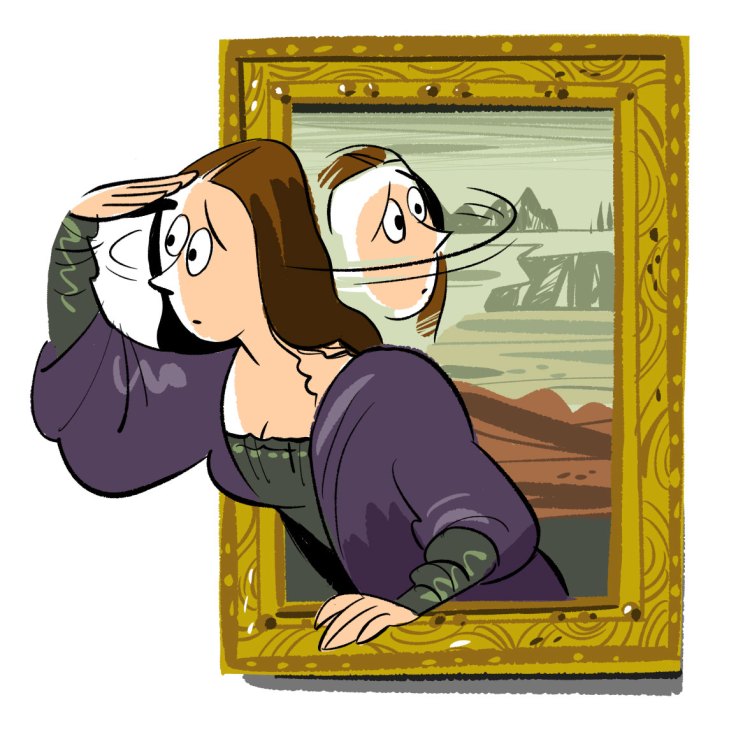 Cartoon illustration of the Mona Lisa painting coming to life in a gold frame, with the figure stepping out and gesturing expressively.