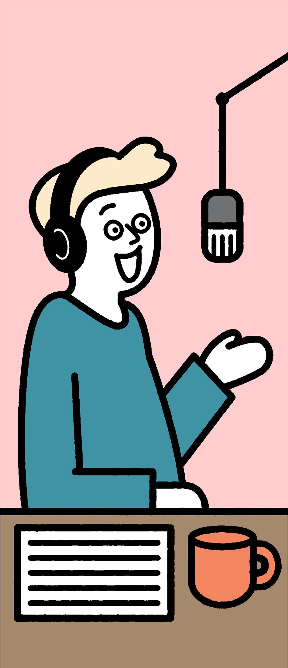 Illustration of a cheerful person wearing headphones at a desk with a microphone, newspaper and coffee mug.