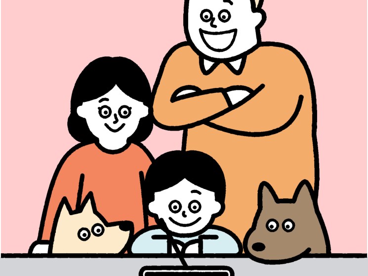 Illustration of a family listening to radio together with a cat and dog.