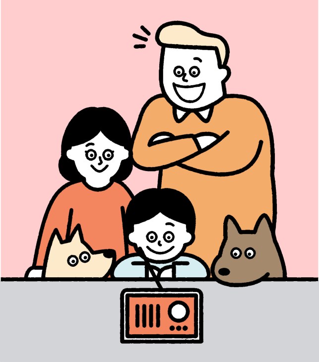 Illustration of a family listening to radio together with a cat and dog.