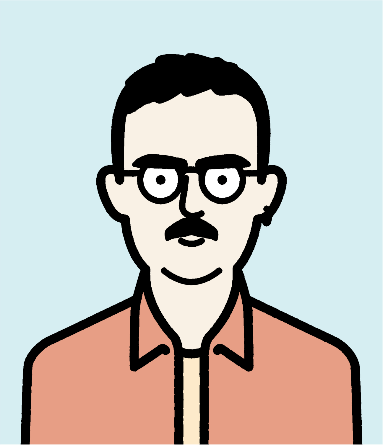Illustration of a man wearing glasses and a coral shirt against a light blue background.