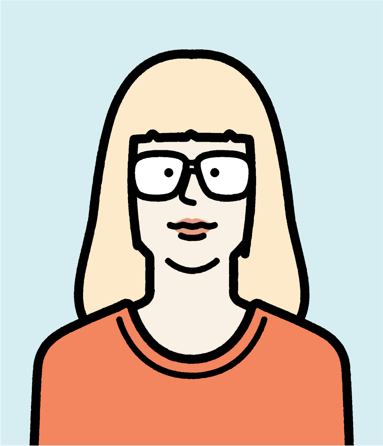 Illustration of a woman with long blonde hair and glasses wearing an orange shirt.