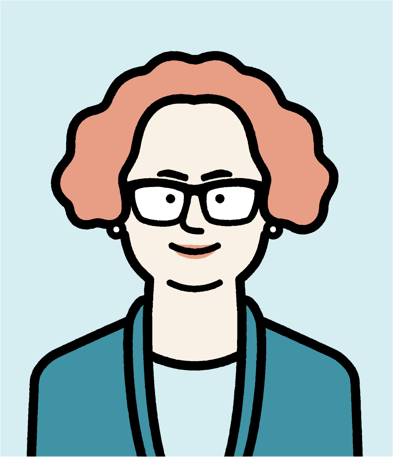 Illustration of a woman with reddish hair, glasses, wearing a teal jacket against a light blue background.